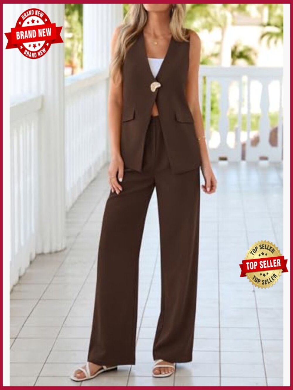 Dressy 2 Piece Pantsuit Set Sleeveless Blazer Vest Wide Leg Pants Business - Picture 6 of 7